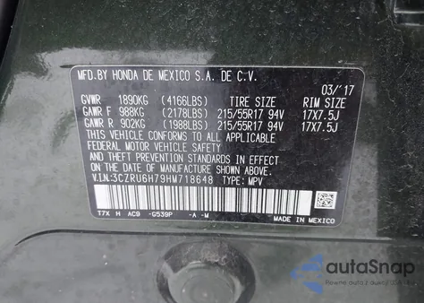 2017 Honda Hr-V Ex-L from USA, damaged, VIN 3CZRU6H79HM718648